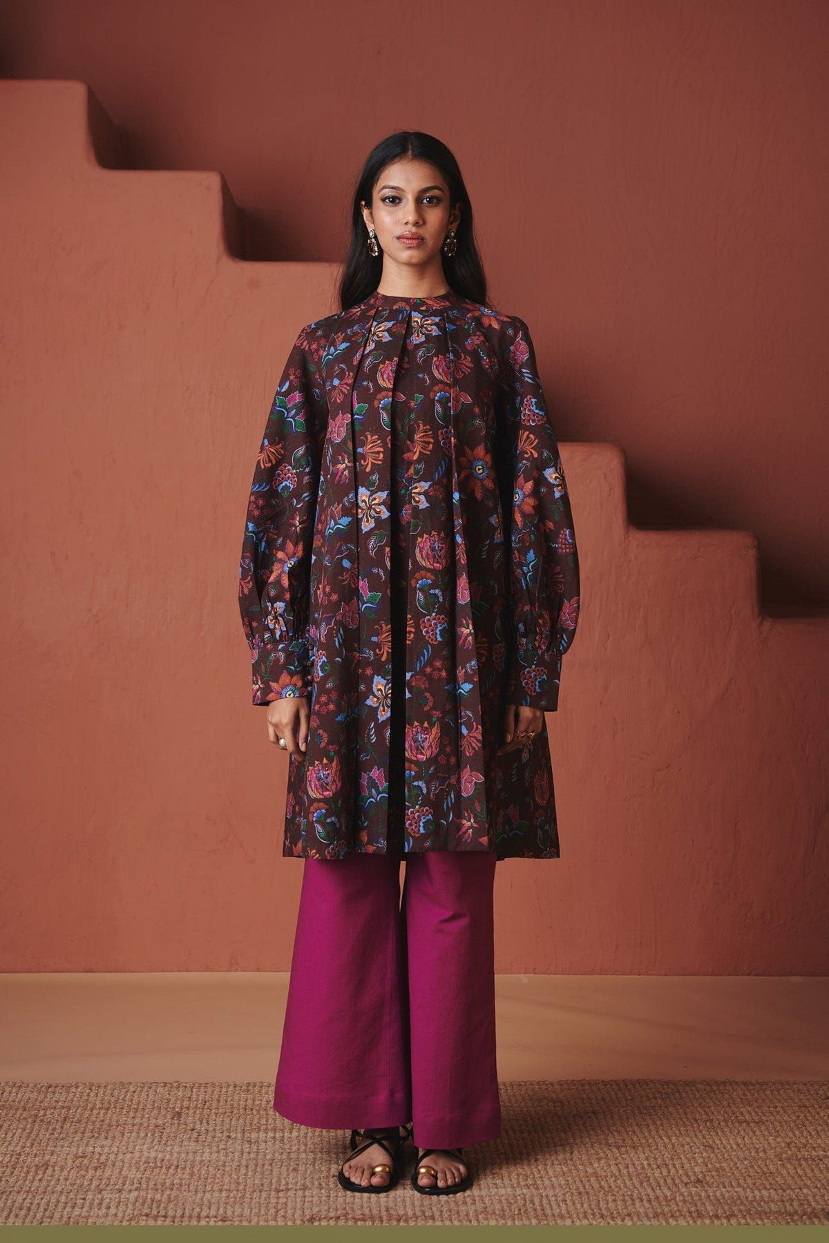 Coffee Chintz Co-Linen Front Pleated Kurta Set - Sale - image 1