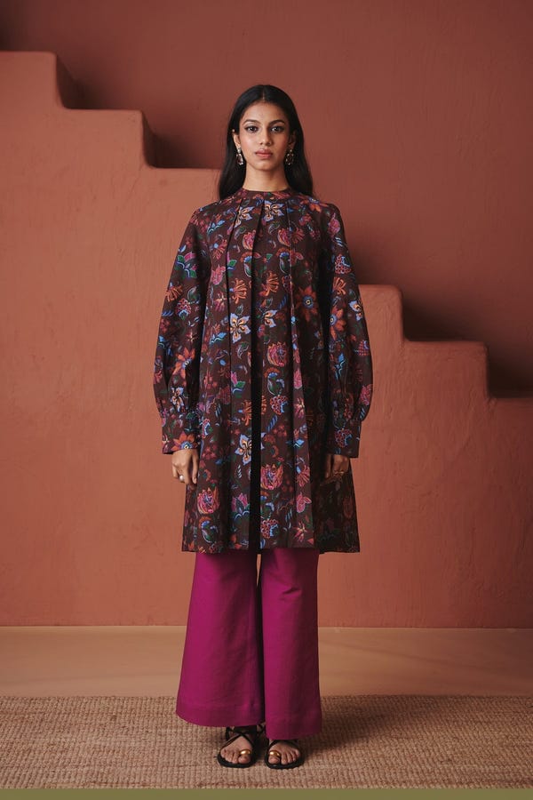 Saphed — Coffee Chintz Co-Linen Front Pleated Kurta Set - Sale