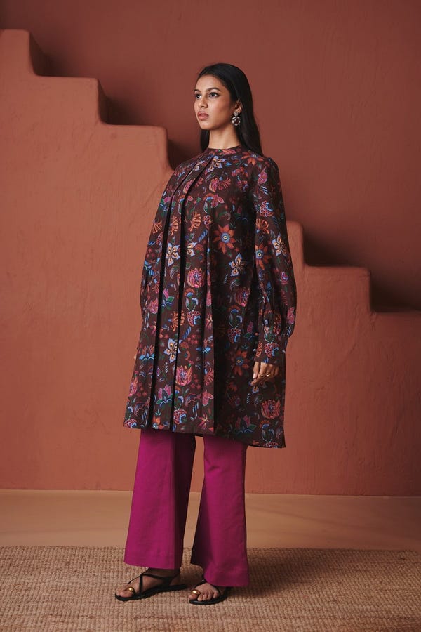 Saphed — Coffee Chintz Co-Linen Front Pleated Kurta Set - Sale