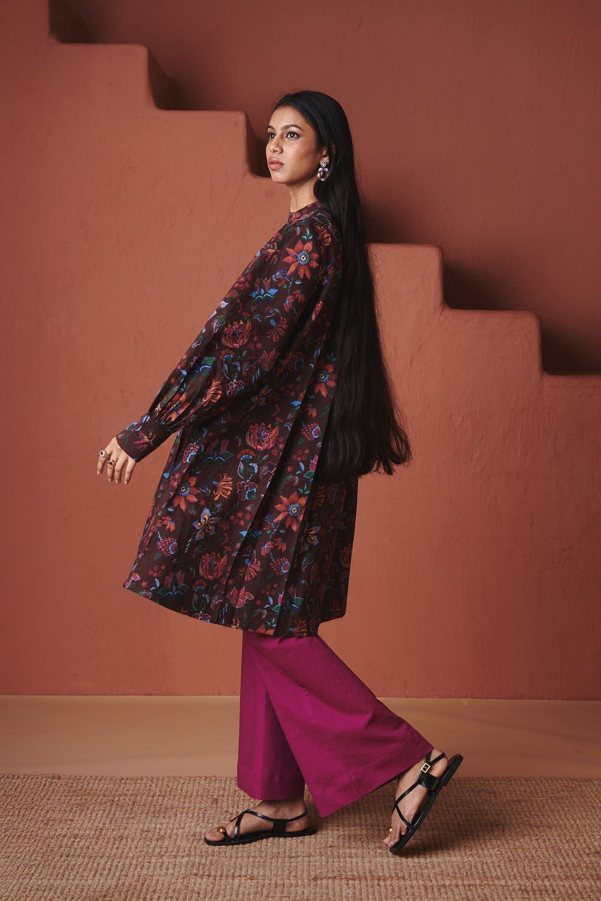 Coffee Chintz Co-Linen Front Pleated Kurta Set - Sale - image 3