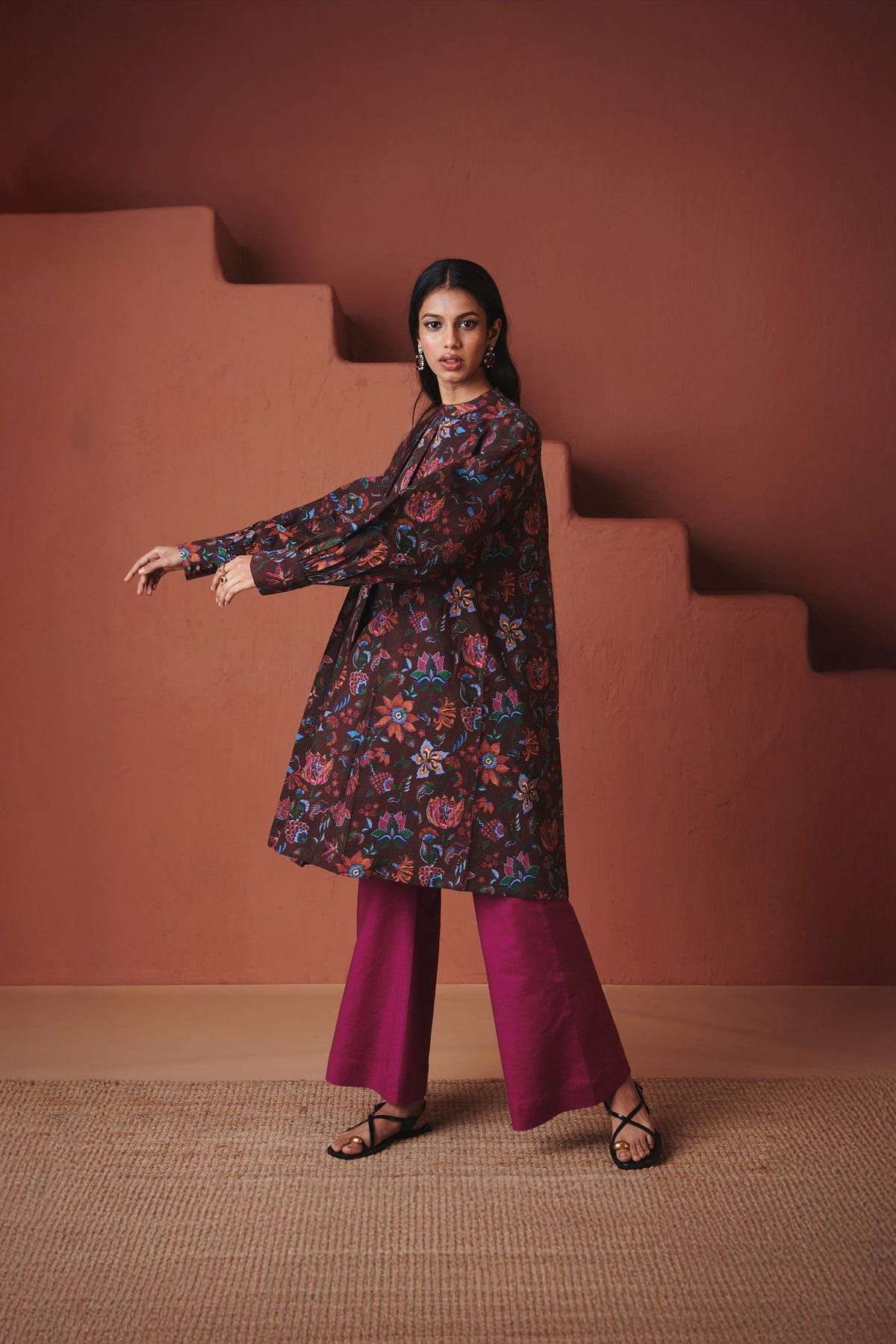 Coffee Chintz Co-Linen Front Pleated Kurta Set - Sale - image 5