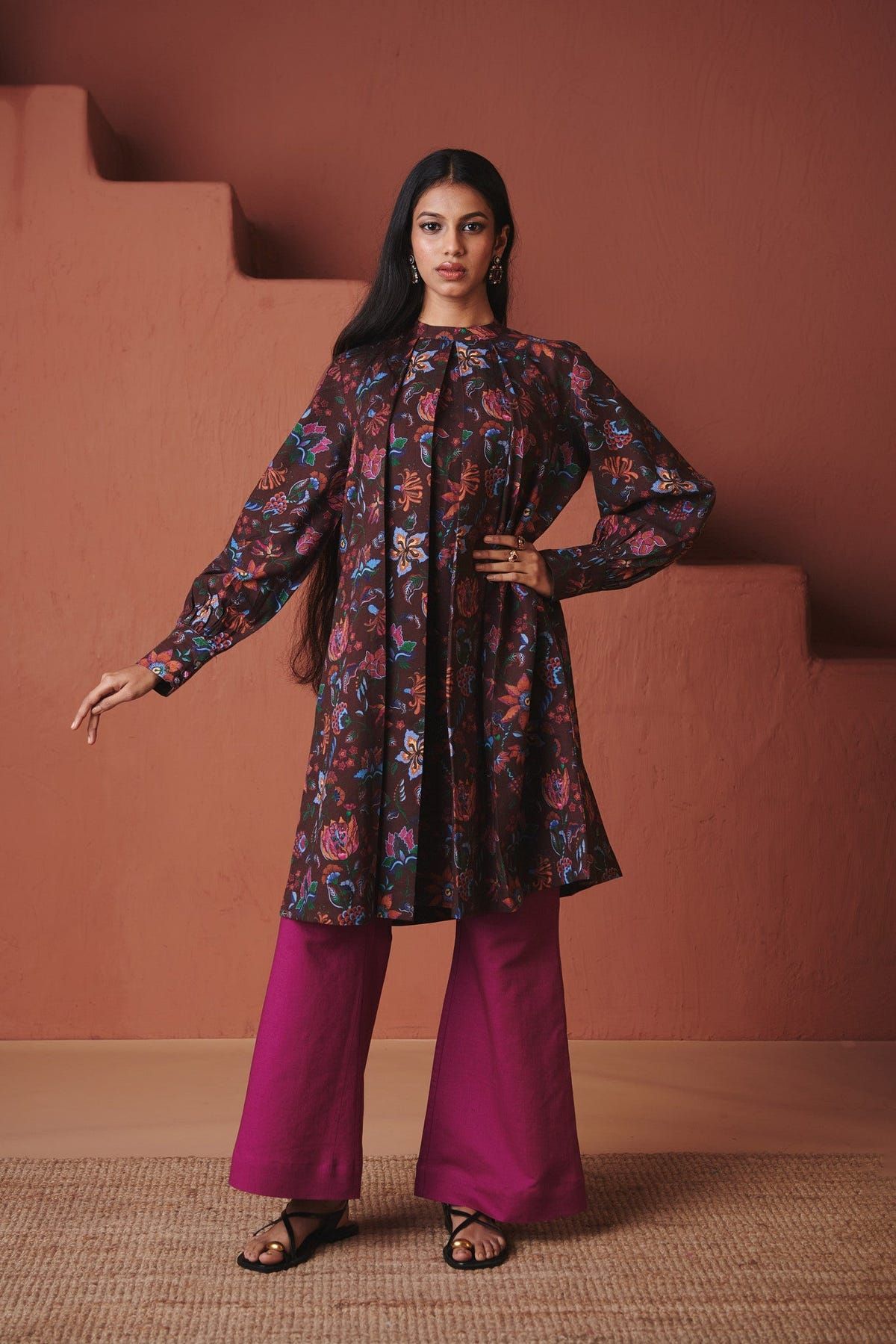 Coffee Chintz Co-Linen Front Pleated Kurta Set - Sale - image 6