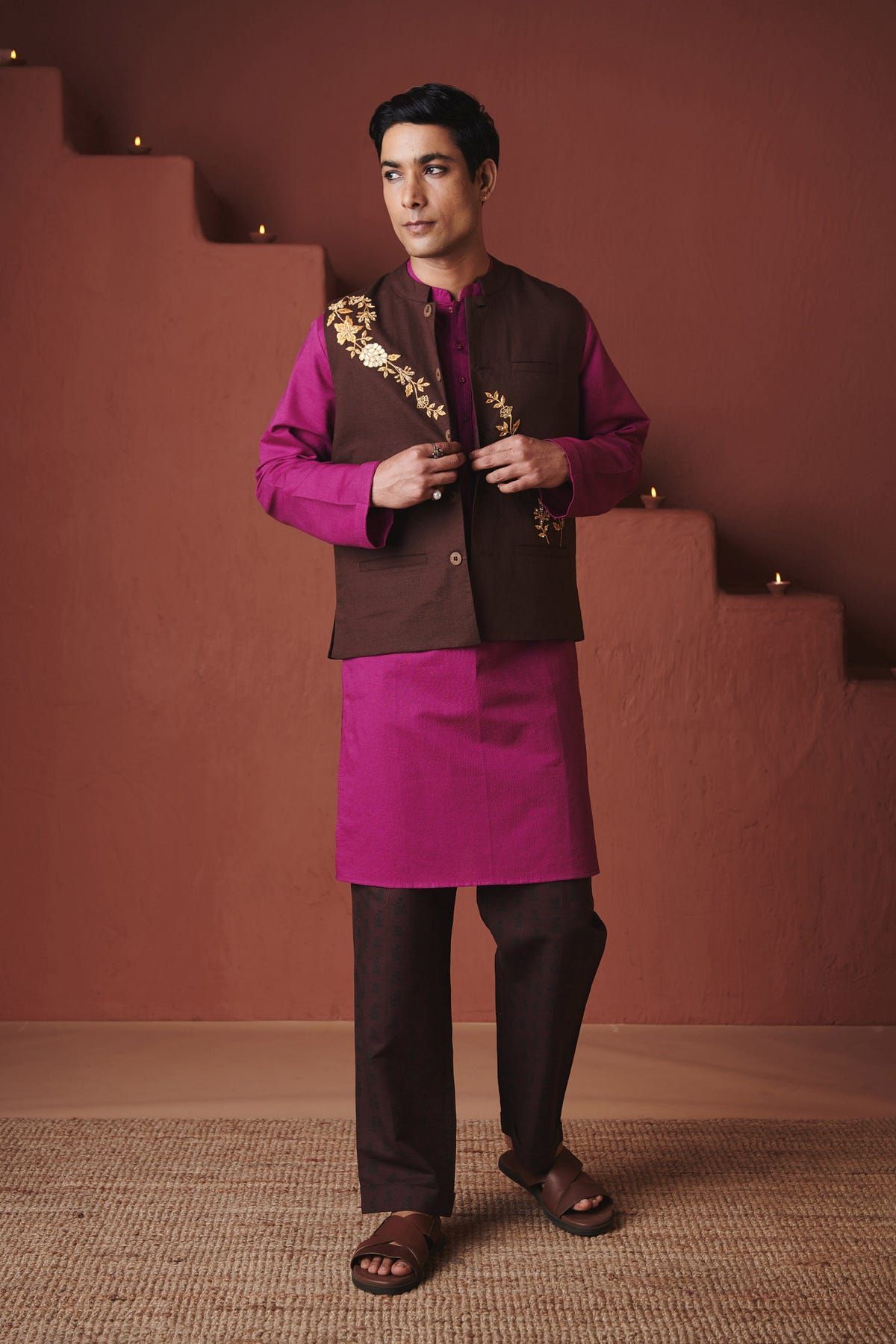 Coffee Co-Linen Men's Nehru Jacket - image 3