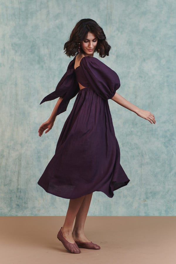 Saphed — Plum Linen Front Twist Dress