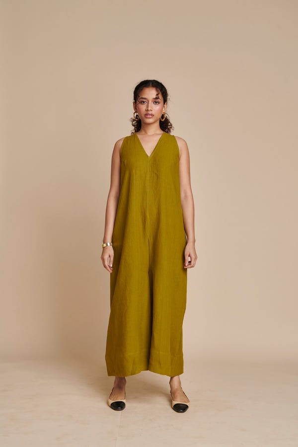 Saphed — Mehendi Linen Flared Jumpsuit