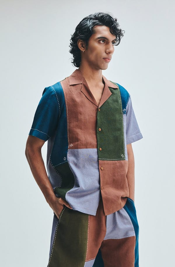Saphed — Patchwork Linen Men's Camp Collar Shirt