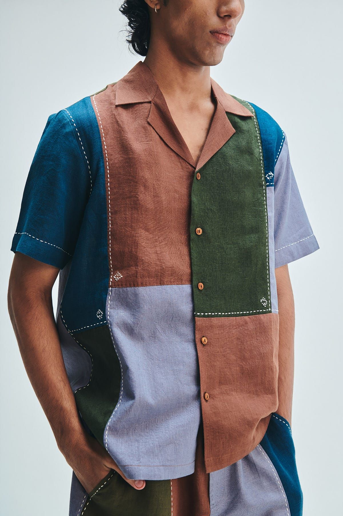 Patchwork Linen Men's Camp Collar Shirt - image 11