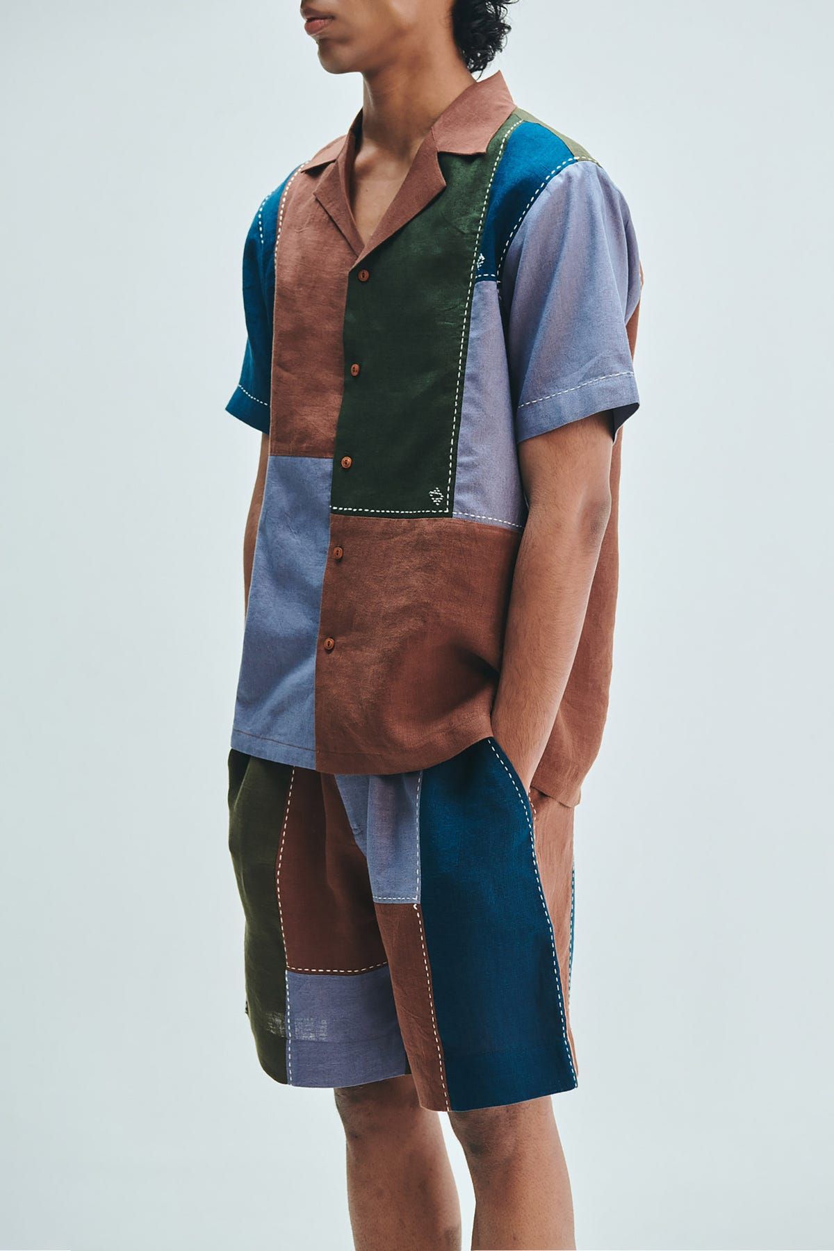 Patchwork Linen Men's Camp Collar Shirt - image 5