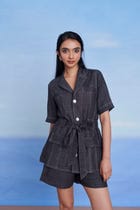 Graphite Linen Denim Front Tie Jacket view 5