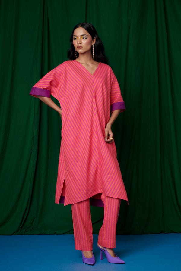 Saphed — Coral Linen Dolman Kurta Set - Sale