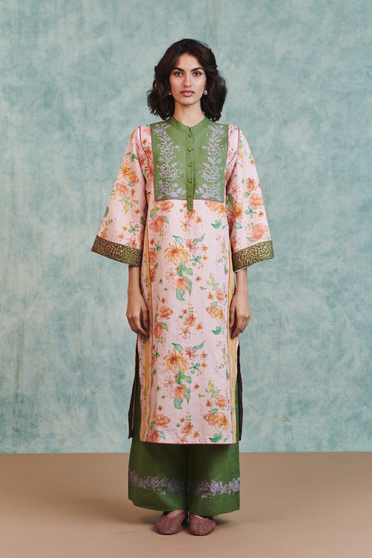 Flora Co-Linen Embroidered Multi-Panelled Kurta Set - image 1