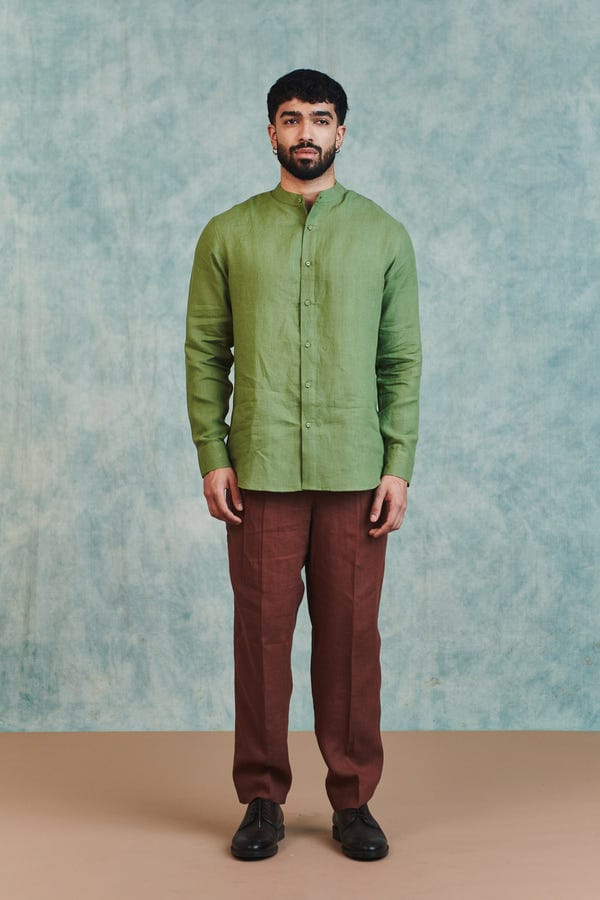 Saphed — Moss Linen Men's Band Collar Shirt