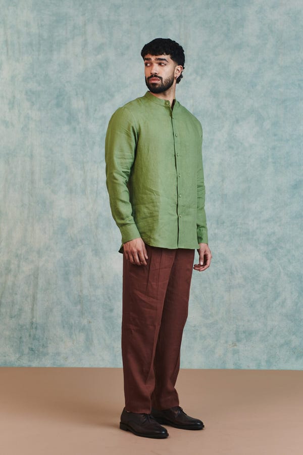 Saphed — Moss Linen Men's Band Collar Shirt