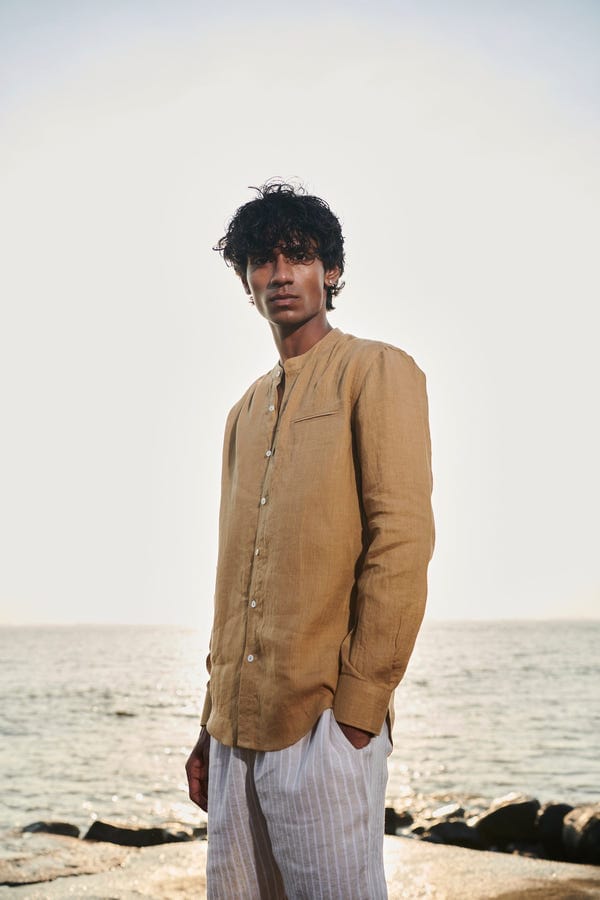 Saphed — Husk Linen Men's Band Collar Shirt – Slim Fit - Sale