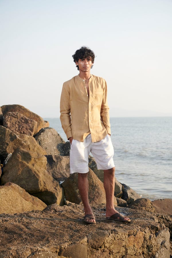 Saphed — Husk Linen Men's Band Collar Shirt – Slim Fit - Sale
