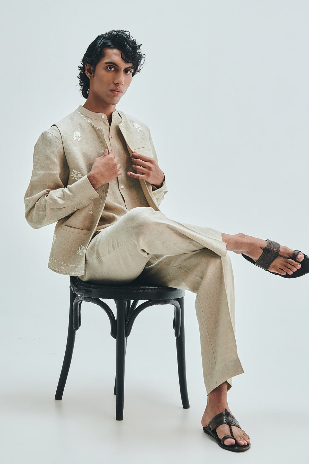 Undyed Linen Men's Straight Pleated Pants - image 3