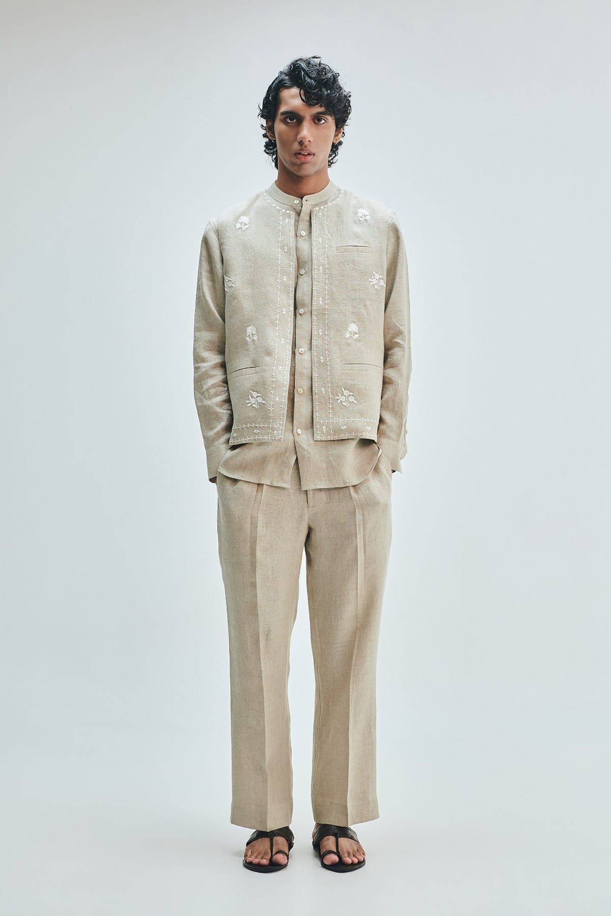 Undyed Linen Men's Straight Pleated Pants - image 7