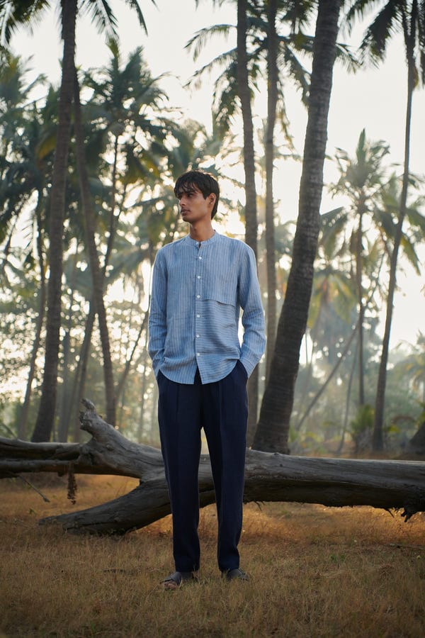 Saphed — Neel Linen Denim Men's Pleated Tapered Pants