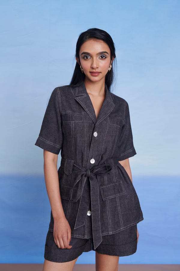 Saphed — Graphite Linen High Waist Shorts