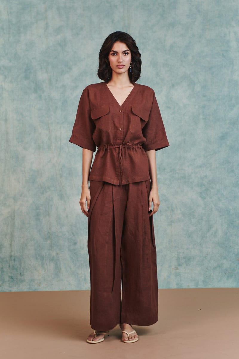 Chocolate Linen Pleated Tuck Pants