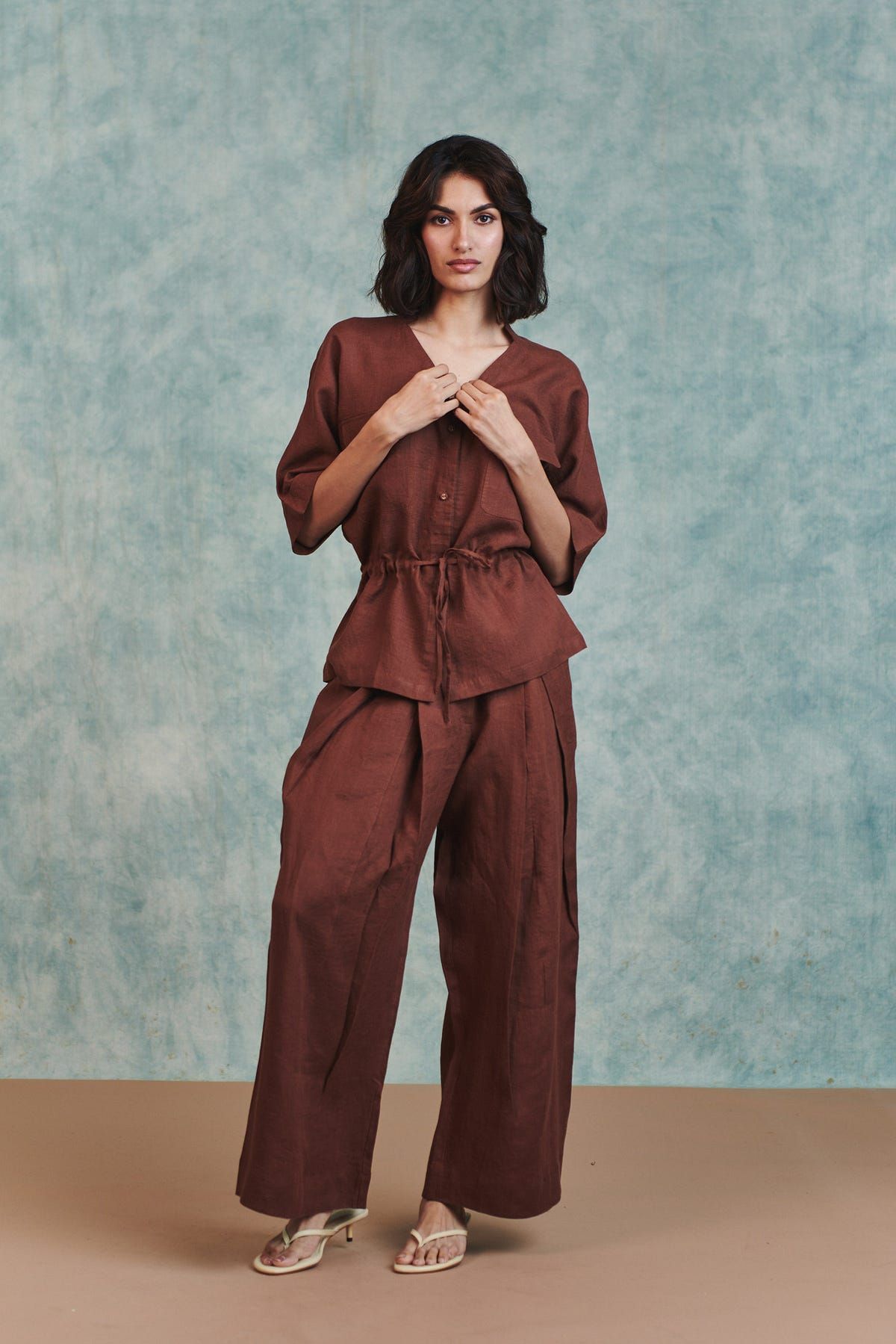 Chocolate Linen Pleated Tuck Pants - image 7