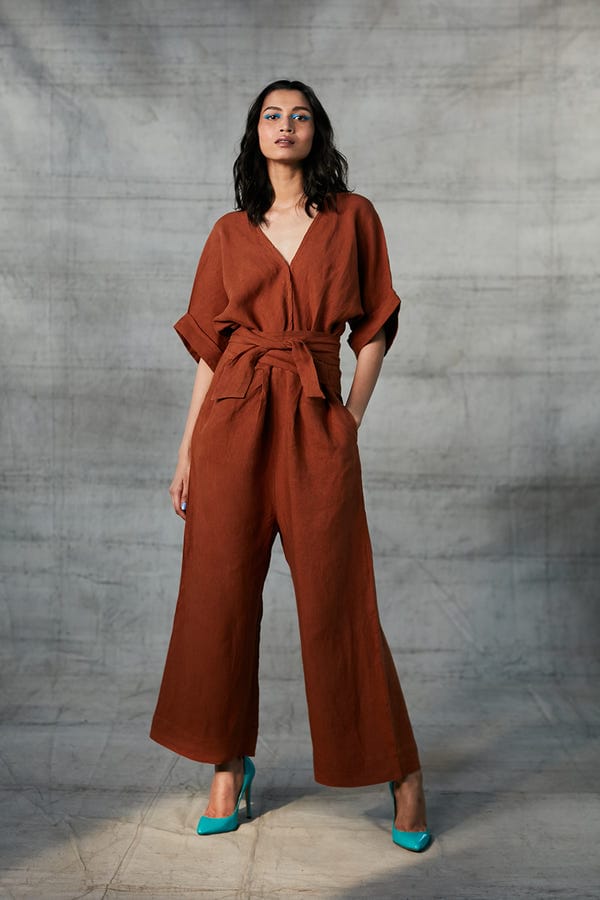 Saphed — Cinnamon Linen Wrapped Jumpsuit