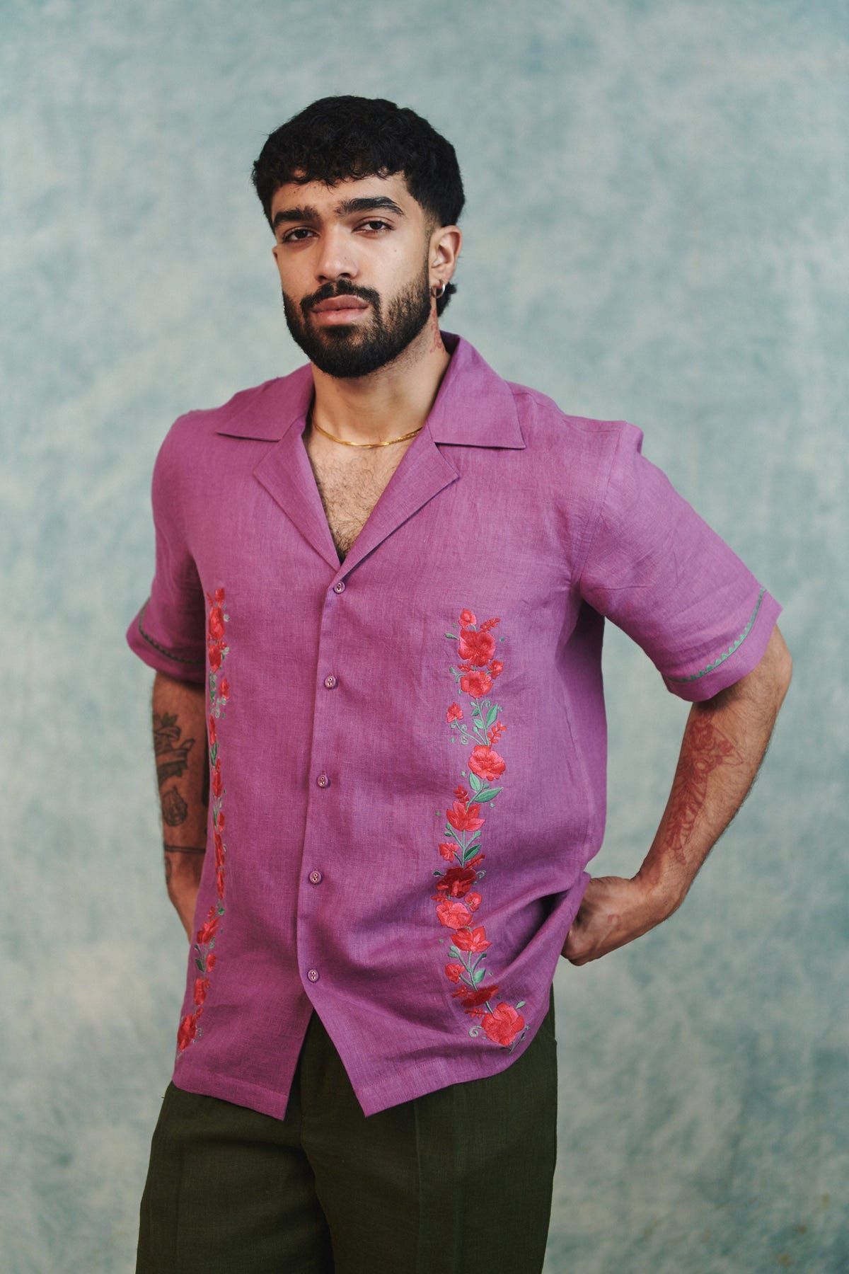 Berry Linen Embroidered Men's Camp Collar Shirt - Sale - image 1
