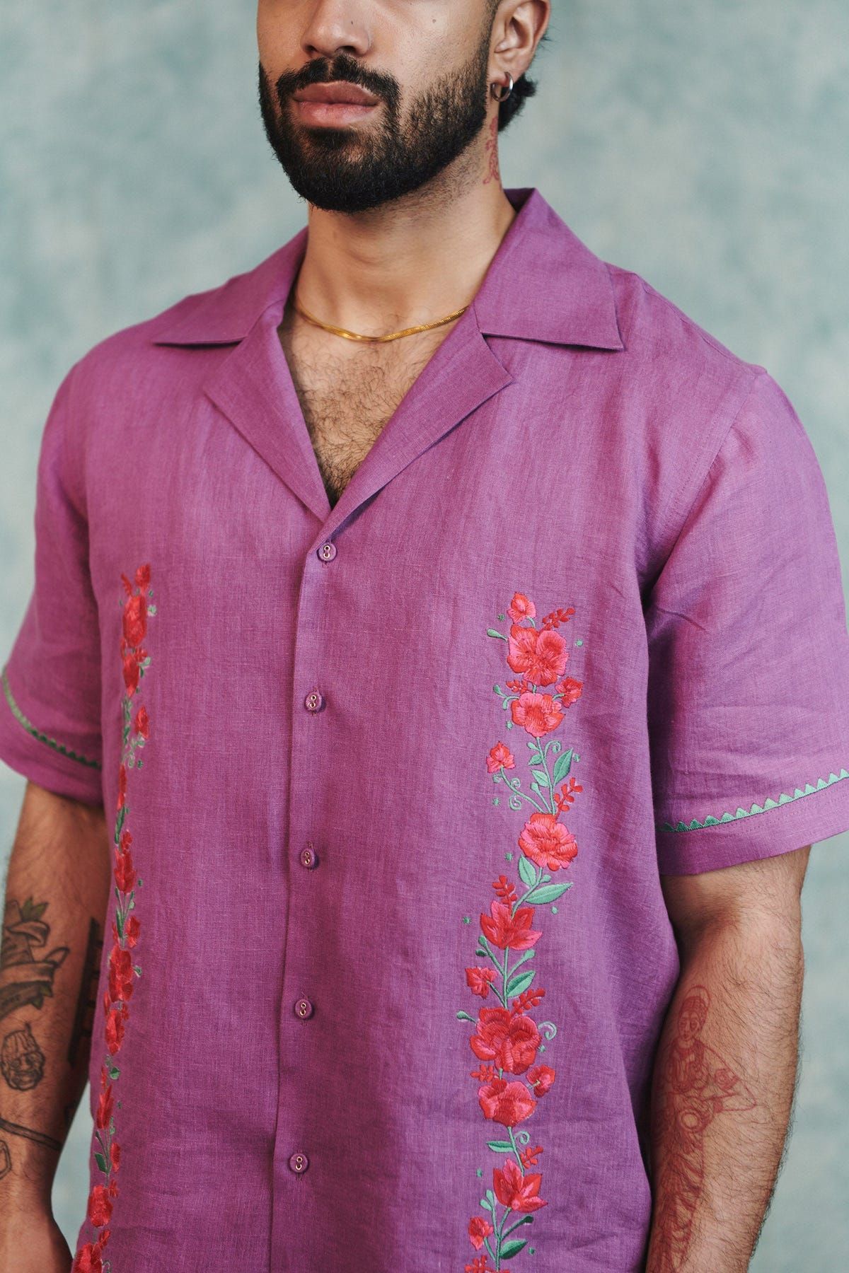 Berry Linen Embroidered Men's Camp Collar Shirt - Sale - image 2