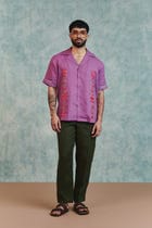 Berry Linen Embroidered Men's Camp Collar Shirt - Sale view 3