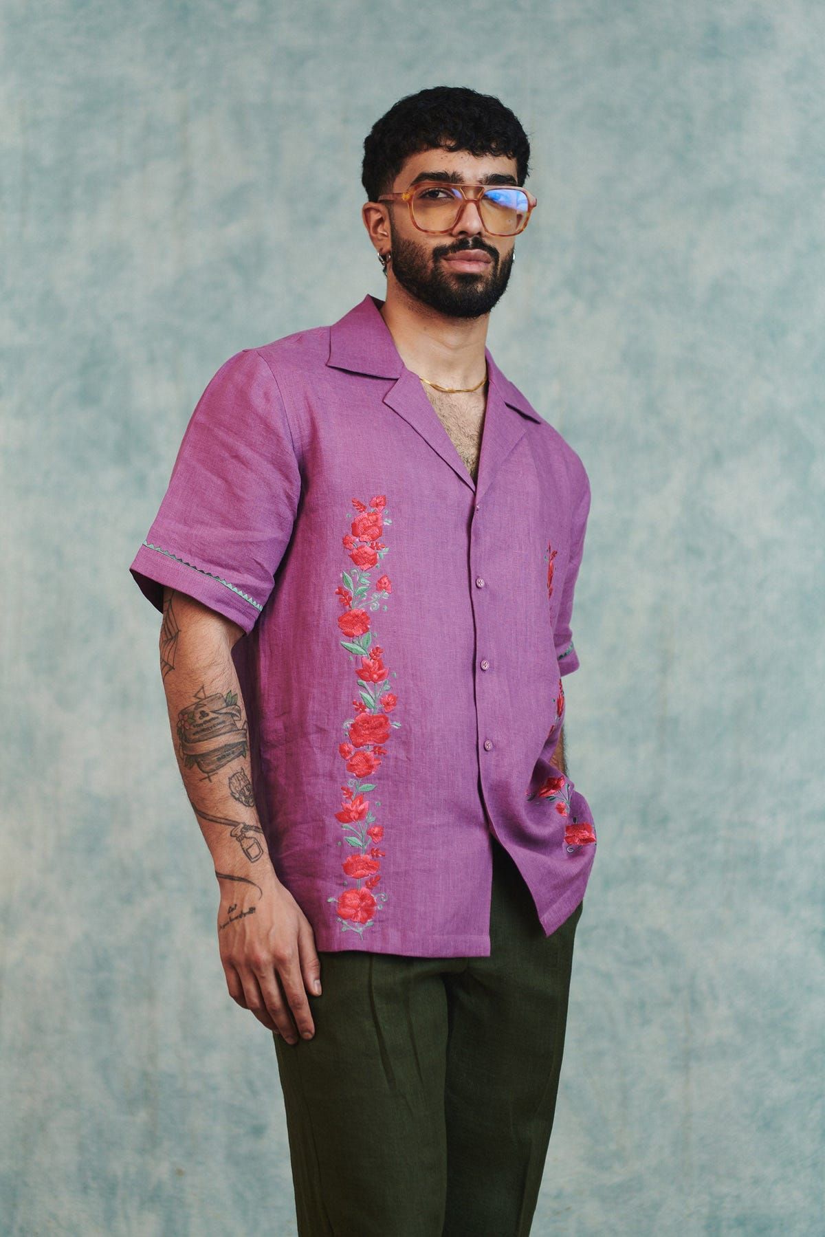Berry Linen Embroidered Men's Camp Collar Shirt - Sale - image 5