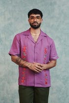 Berry Linen Embroidered Men's Camp Collar Shirt - Sale view 8