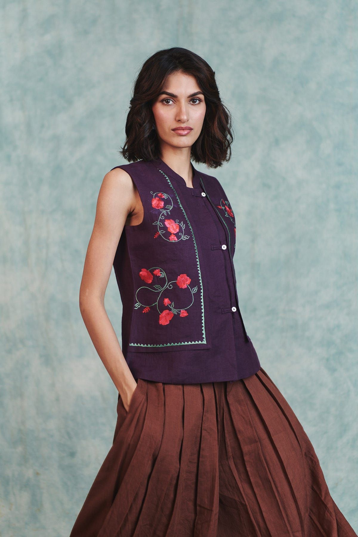 Plum Linen Embroidered Double Panel Waistcoat - image 1