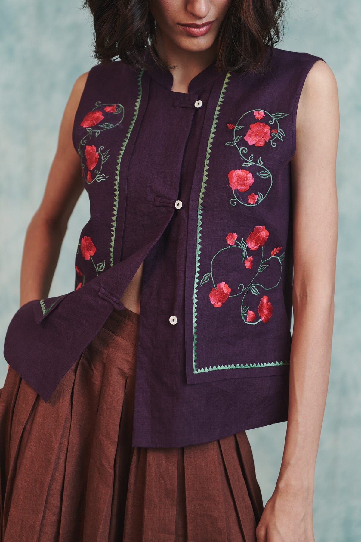 Plum Linen Embroidered Double Panel Waistcoat - image 2