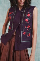 Plum Linen Embroidered Double Panel Waistcoat view 2