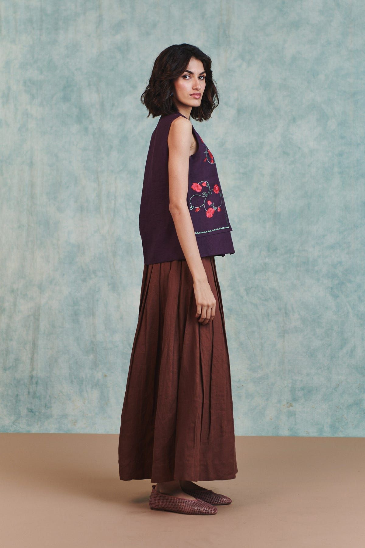 Plum Linen Embroidered Double Panel Waistcoat - image 4