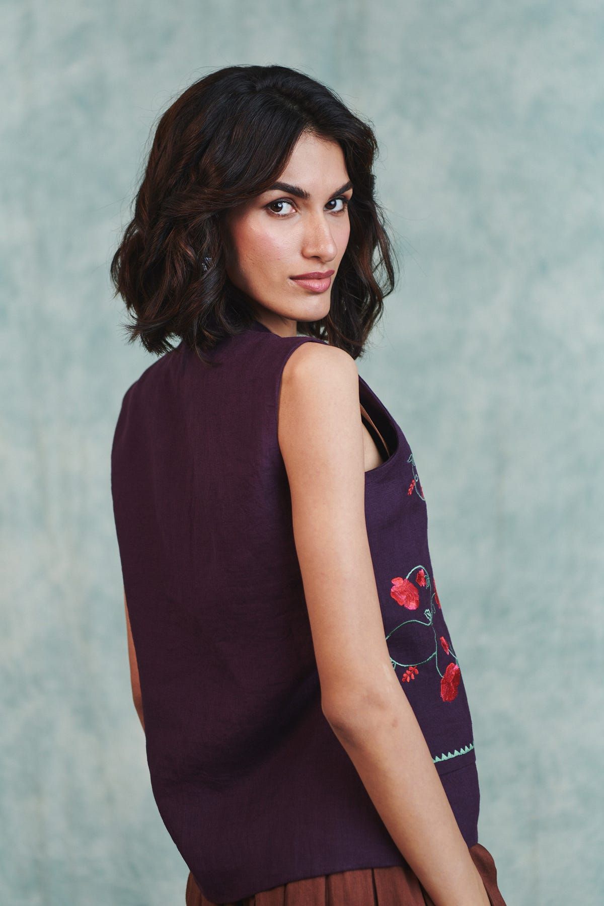 Plum Linen Embroidered Double Panel Waistcoat - image 8