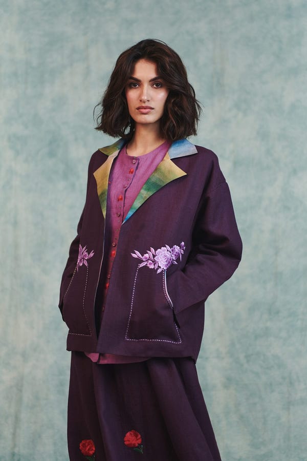 Saphed — Plum Linen Unisex Embroidered Open Jacket