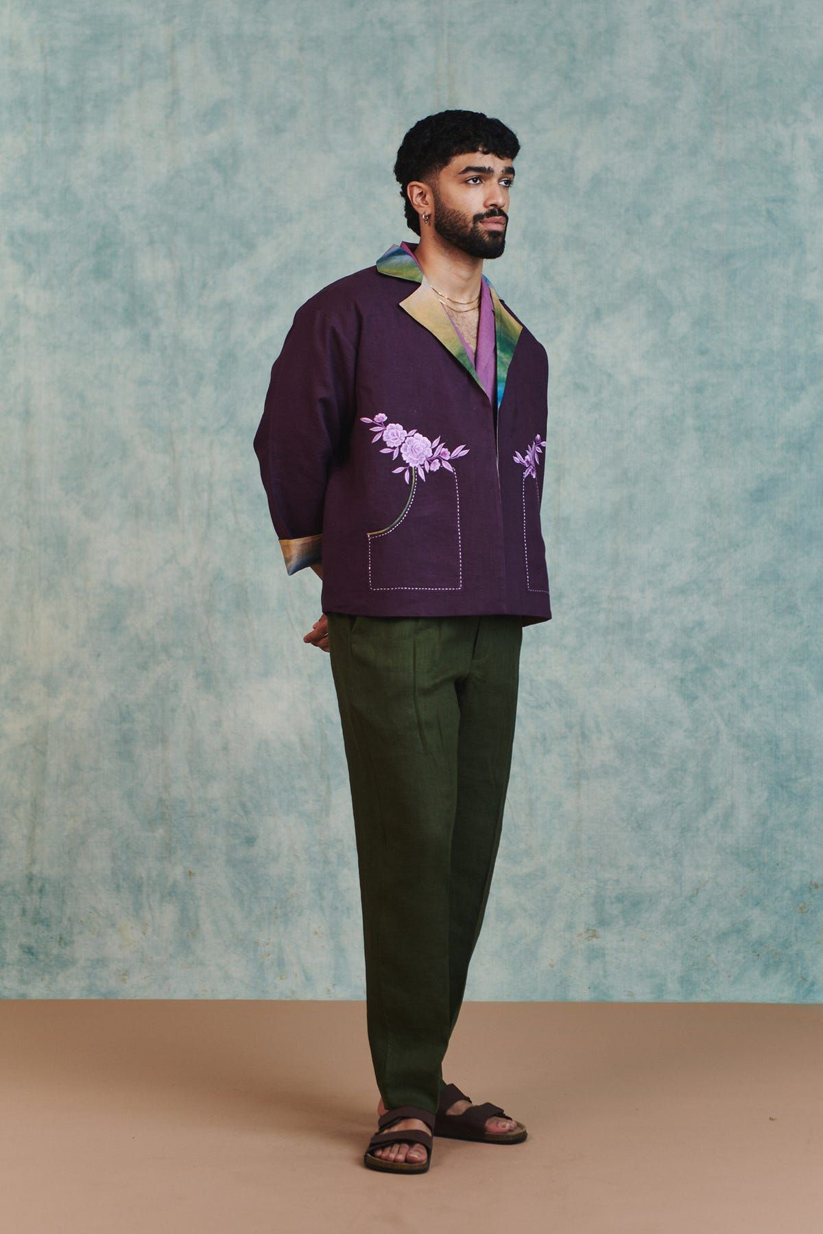 Plum Linen Unisex Embroidered Open Jacket - image 12
