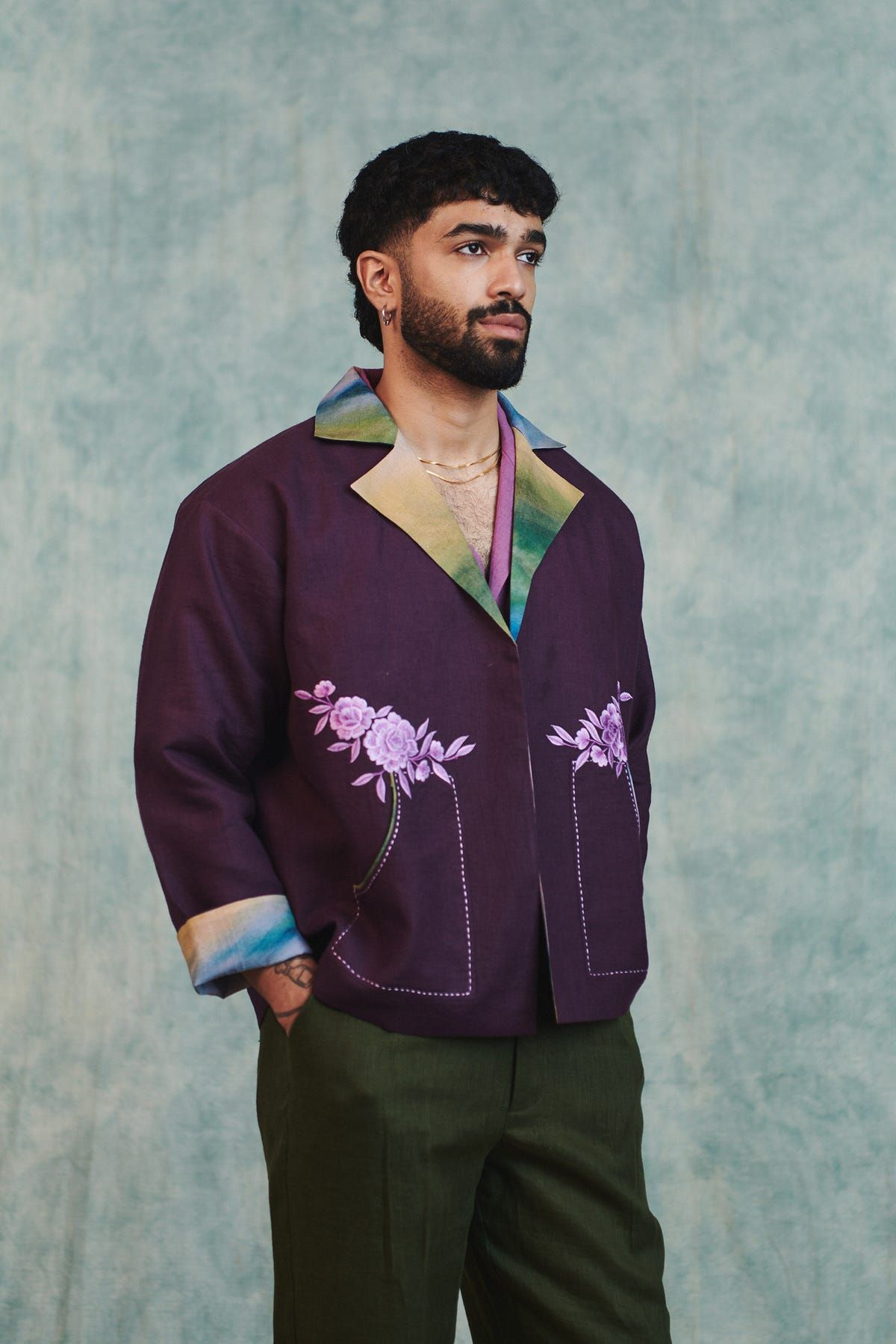 Plum Linen Unisex Embroidered Open Jacket - image 2