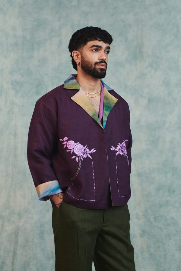 Saphed — Plum Linen Unisex Embroidered Open Jacket