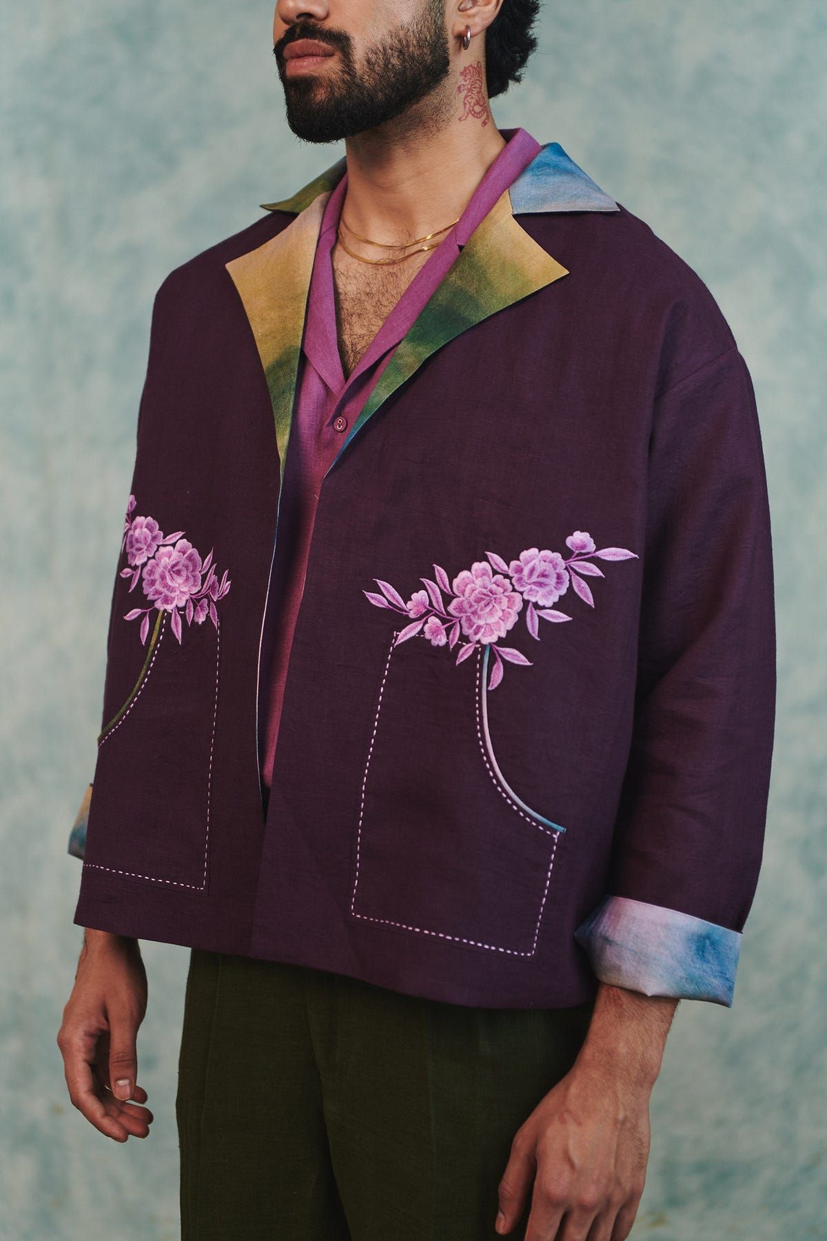 Plum Linen Unisex Embroidered Open Jacket - image 3