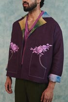 Plum Linen Unisex Embroidered Open Jacket view 3