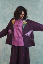 Plum Linen Unisex Embroidered Open Jacket view 4