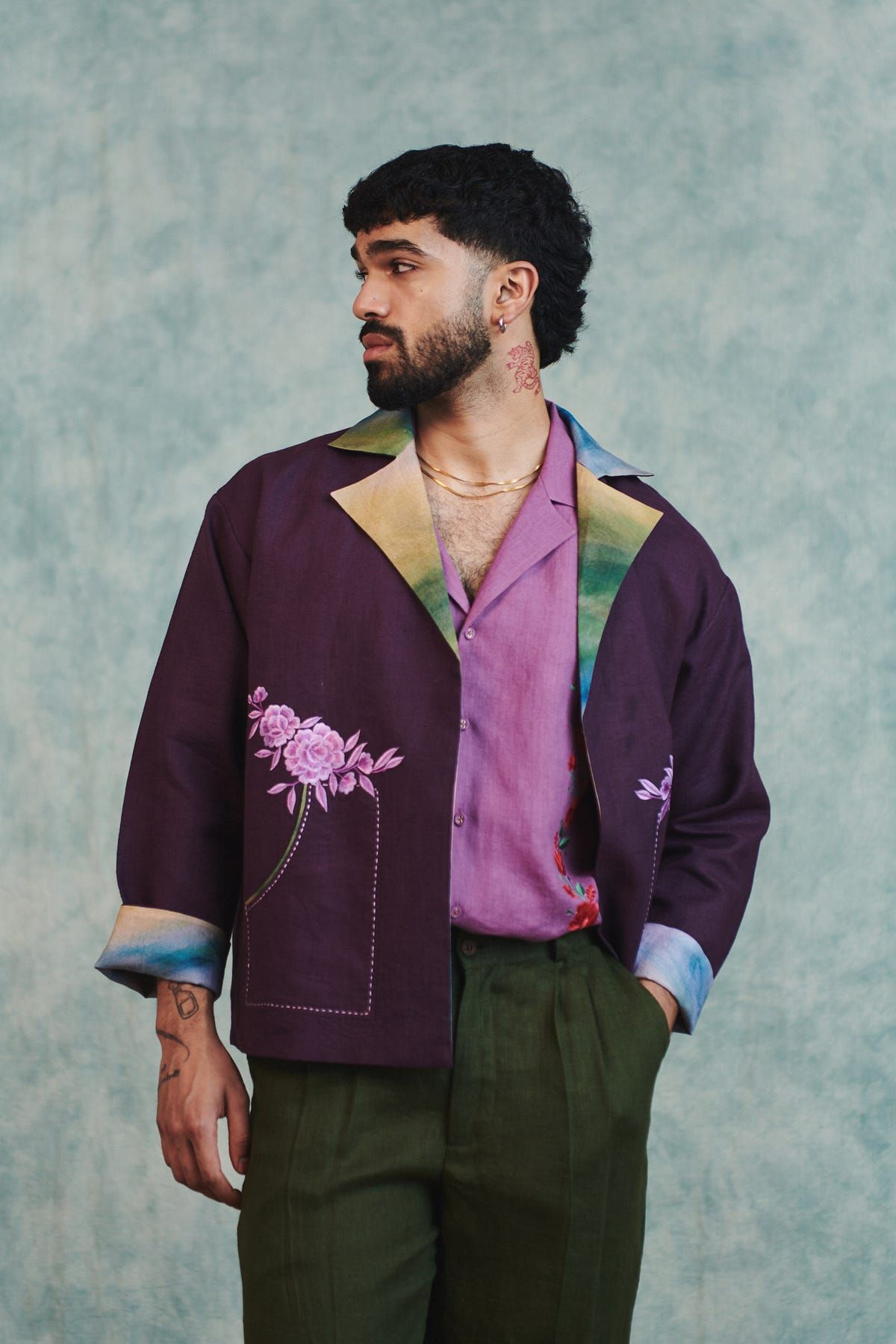 Plum Linen Unisex Embroidered Open Jacket - image 7