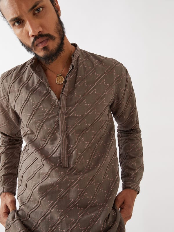 SON OF A NOBLE - SNOB — RYDER HOUNDSTOOTH KURTA - GREY