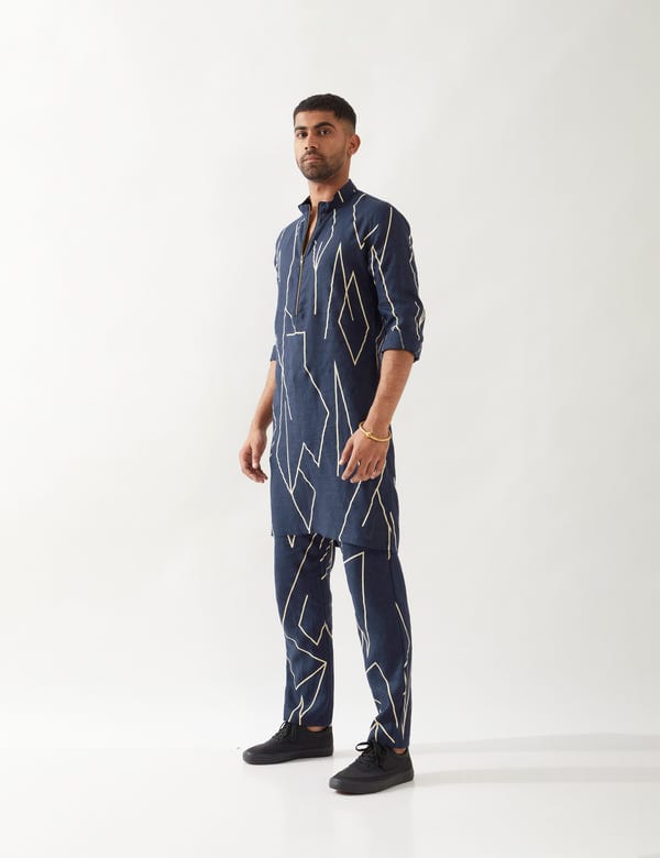 SON OF A NOBLE - SNOB — RORY METAL KURTA SET - NAVY