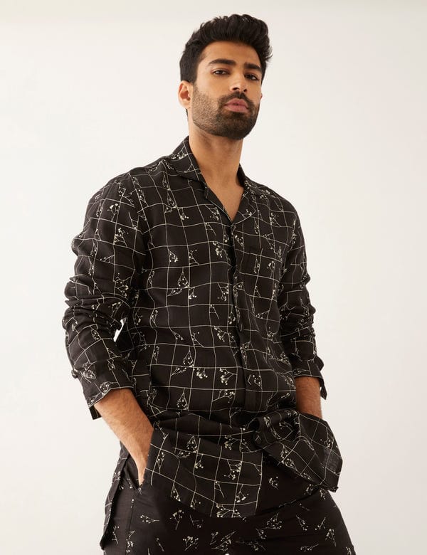 SON OF A NOBLE - SNOB — OLFA - GRID FLORAL - KURTA - BLACK