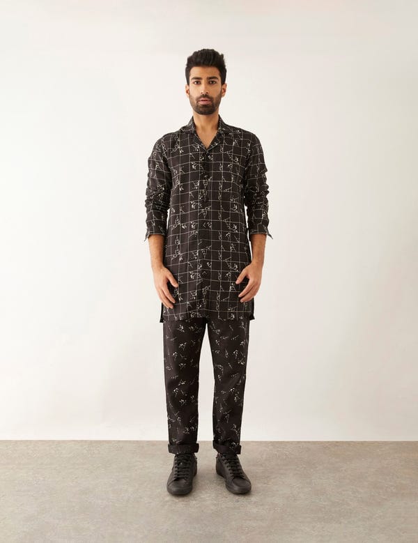 SON OF A NOBLE - SNOB — OLFA - GRID FLORAL - KURTA - BLACK