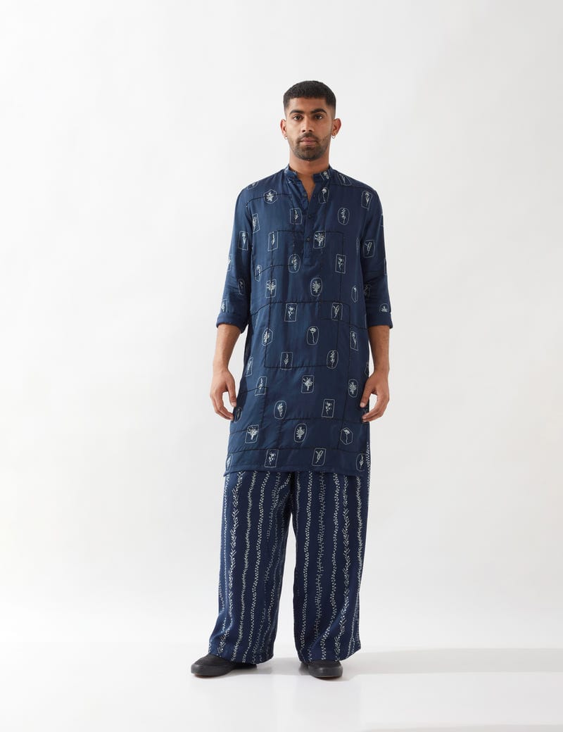 ZEPH STAMP KURTA SET - NAVY