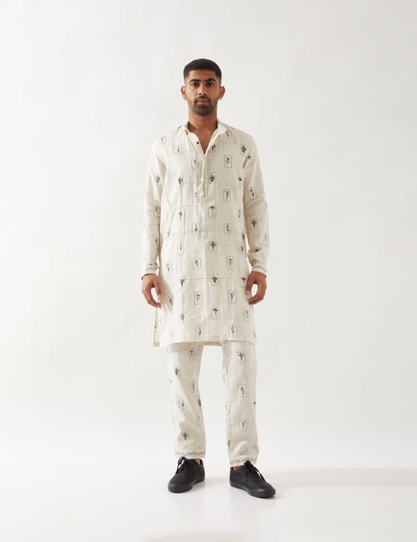 SON OF A NOBLE - SNOB — SLATE STAMP KURTA- IVORY